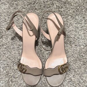 Gucci Taupe Leather GG Logo Slingback Sandals